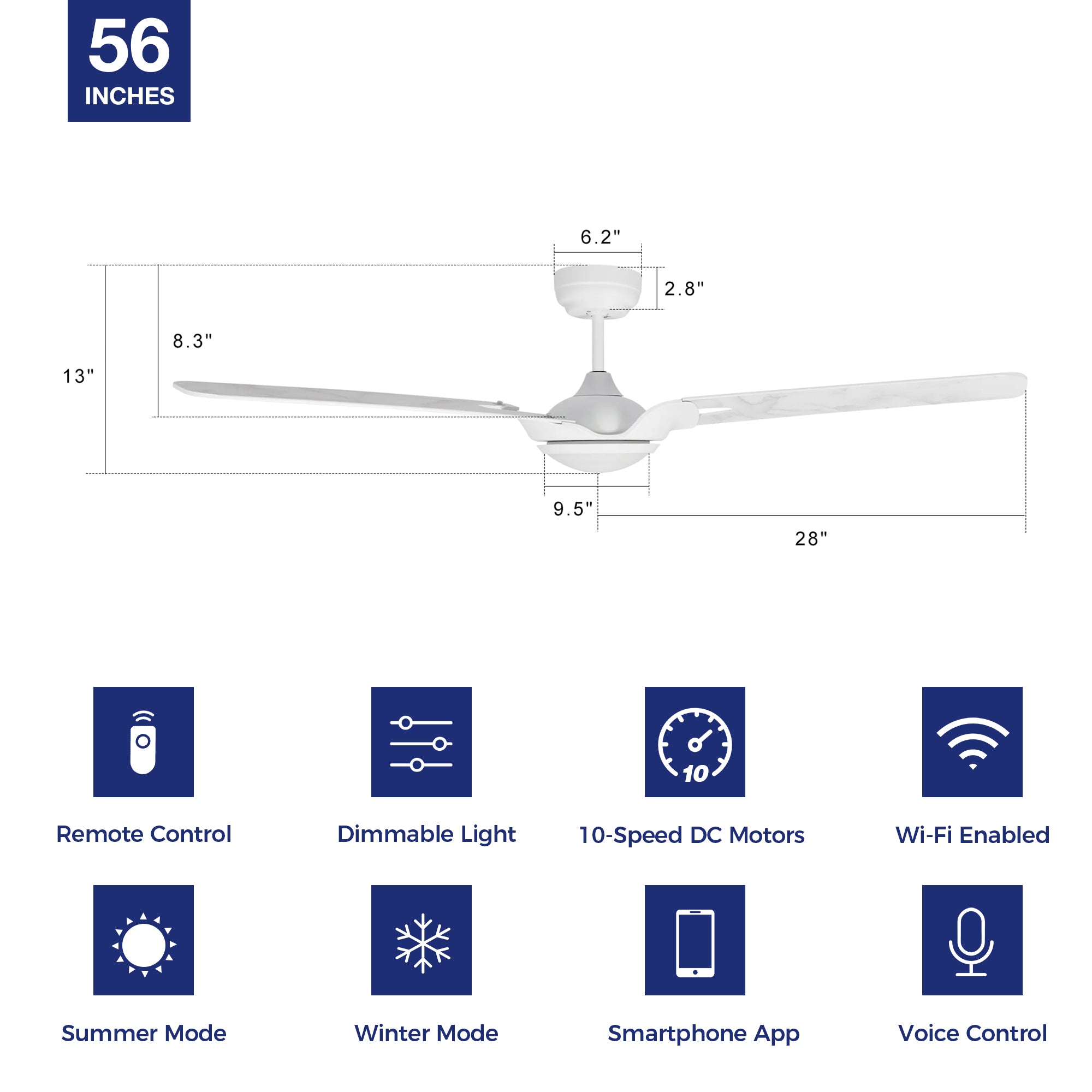 Innovator Outdoor 56&quot; Smart Ceiling Fan with LED Light Kit-white case and white marble Pattern Fan Blades. The fan features Remote control, Wi-Fi apps, and Voice control technology (compatible with Amazon Alexa and Google Home Assistant ) to set fan preferences. Equipped with 1962-lumen dimmable LED lights and a 10-speed DC Motor (5800CFM airflow output), it brings you cool and bright. 