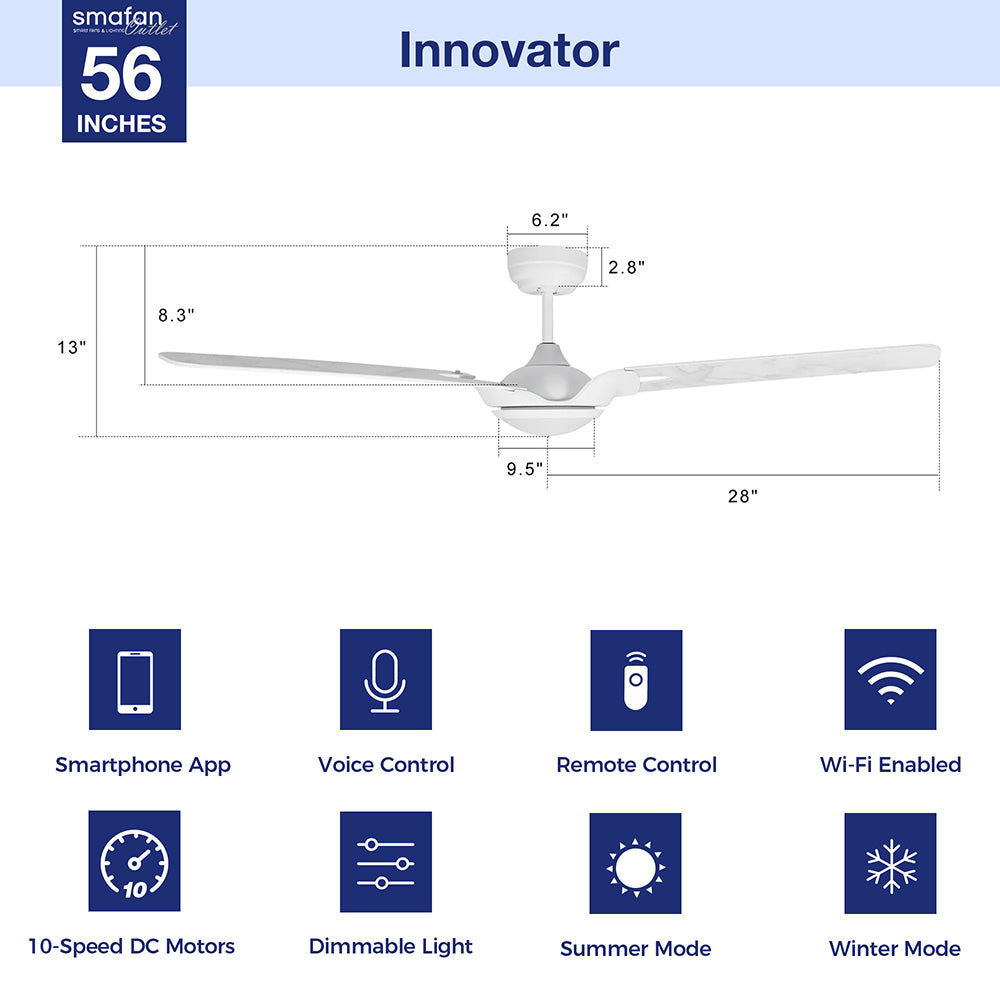 Innovator Outdoor 56" Smart Ceiling Fan with LED Light Kit-white case and white marble Pattern Fan Blades. The fan features Remote control, Wi-Fi apps, and Voice control technology (compatible with Amazon Alexa and Google Home Assistant ) to set fan preferences. Equipped with 1962-lumen dimmable LED lights and a 10-speed DC Motor (5800CFM airflow output), it brings you cool and bright. 