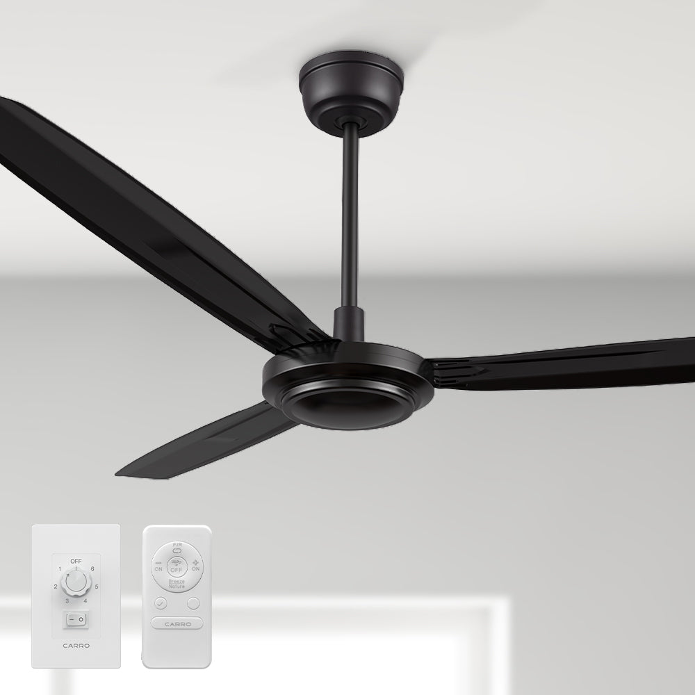 Kade 56-inch DC motor ceiling fan in black, featuring remote and wall switch control, perfect for a quiet, energy-efficient performance in living rooms. 