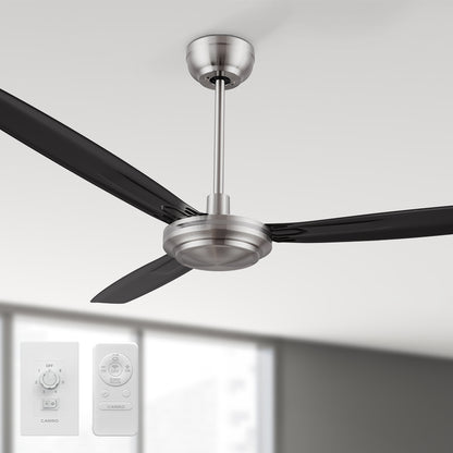 Kade 56-inch DC motor ceiling fan in silver and black, featuring remote and wall switch control. Ideal for modern living room or bedroom decor. 