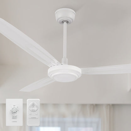 Kade 56-inch white DC motor ceiling fan with remote and wall switch control. Sleek white finish suits modern interiors while offering quiet and energy-efficient performance. 