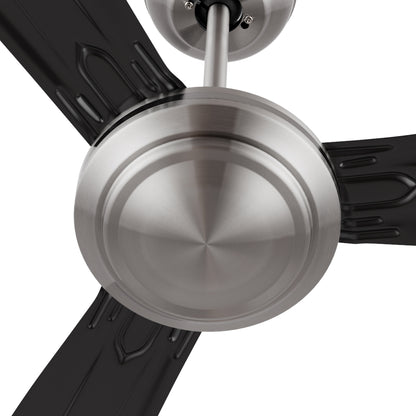 Close-up of Kade 56-inch DC motor ceiling fan with a black and silver finish, showing a sleek, modern motor design with remote control features. 