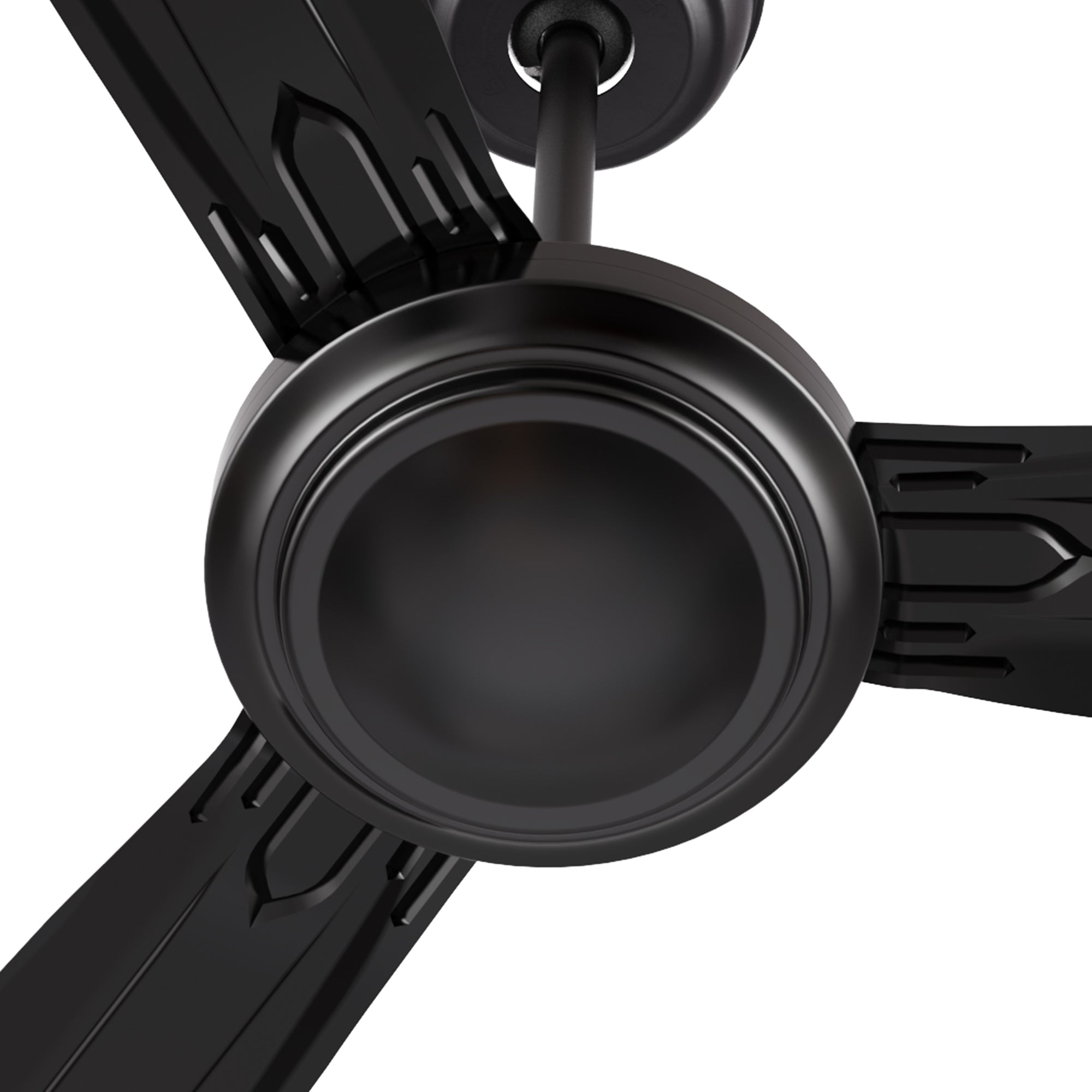 Close-up detail of the Kade 56-inch DC motor ceiling fan in black, highlighting its modern, energy-efficient motor design for quiet operation. 