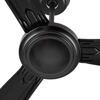 Close-up detail of the Kade 56-inch DC motor ceiling fan in black, highlighting its modern, energy-efficient motor design for quiet operation. 
