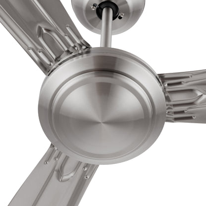 Close-up of Kade 56-inch brushed nickel DC motor ceiling fan, showcasing sleek motor details. Energy-efficient design with a remote control for modern spaces. 