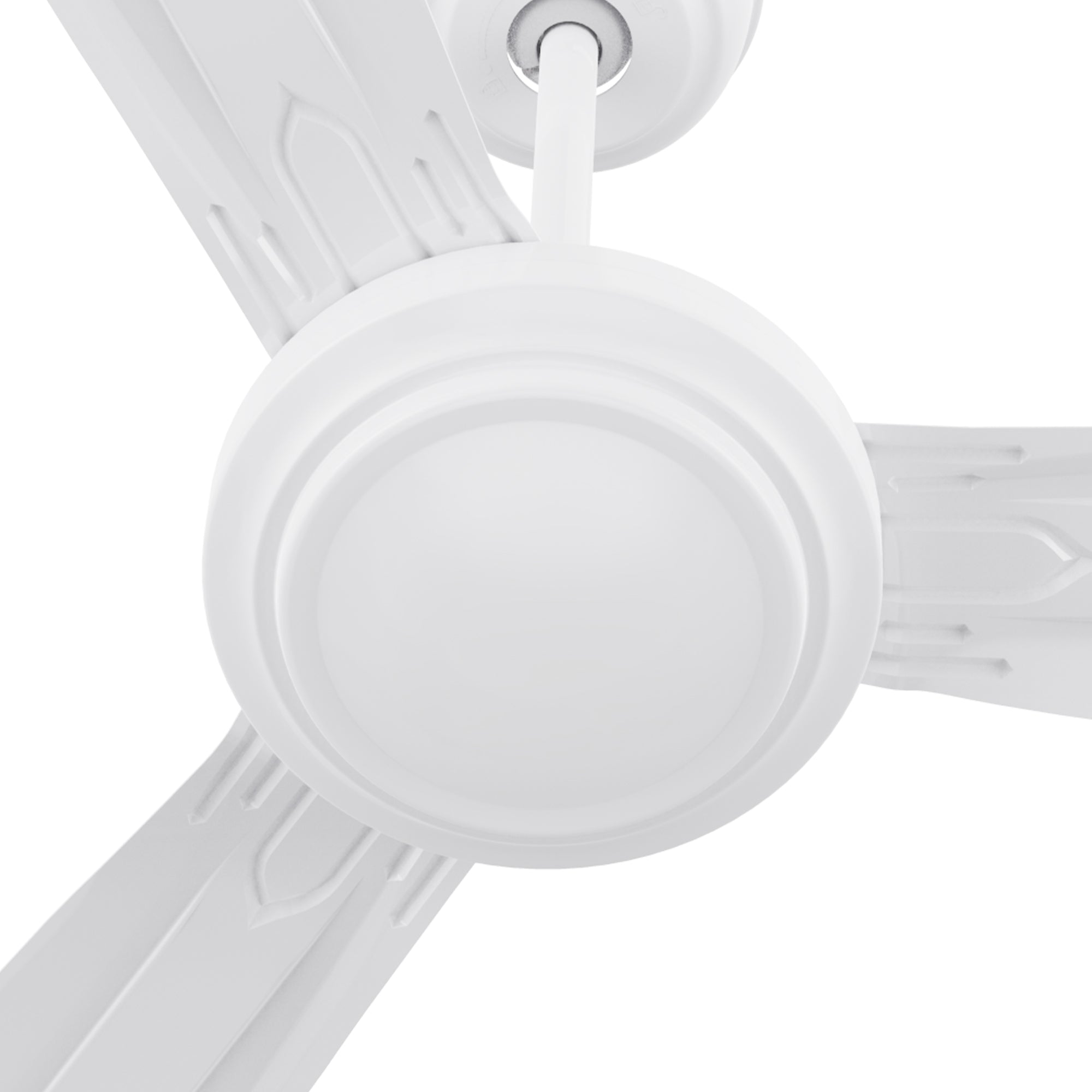 Detailed view of Kade 56-inch white DC motor ceiling fan, highlighting the smooth, contemporary design of the energy-efficient motor with remote control. 