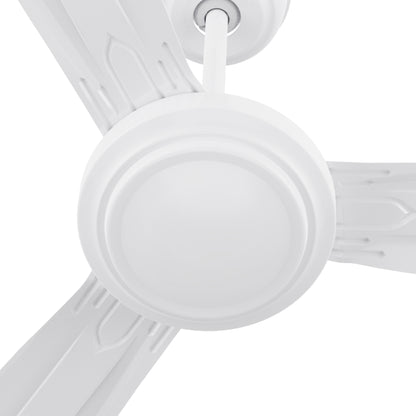 Detailed view of Kade 56-inch white DC motor ceiling fan, highlighting the smooth, contemporary design of the energy-efficient motor with remote control. 