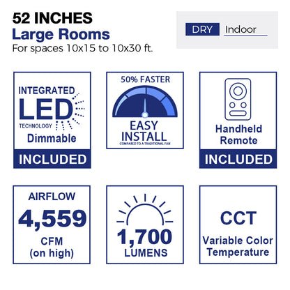 Diagram of a 52-inch ceiling fan designed for large indoor rooms measuring 10x15 to 10x30 feet, specifically for dry environments. The image illustrates a stylized living room layout with furniture, showcasing the fan&