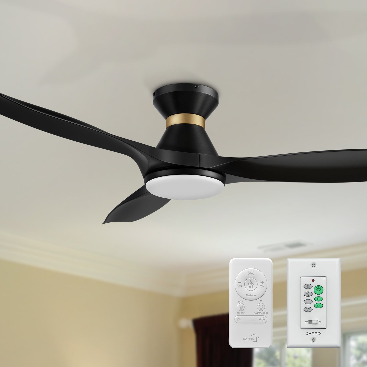 Kore 52&quot; flush mount smart ceiling fan in black with light, featuring with remote control, wall switch control, and voice control. 