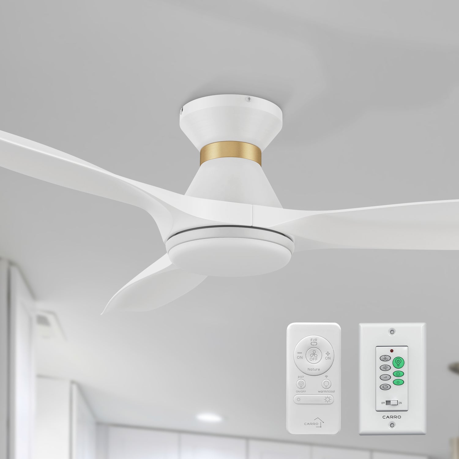 Kore 52&quot; flush mount smart ceiling fan in white with light, featuring with remote control, wall switch control, and voice control. 