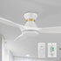 Kore 52" flush mount smart ceiling fan in white with light, featuring with remote control, wall switch control, and voice control. 