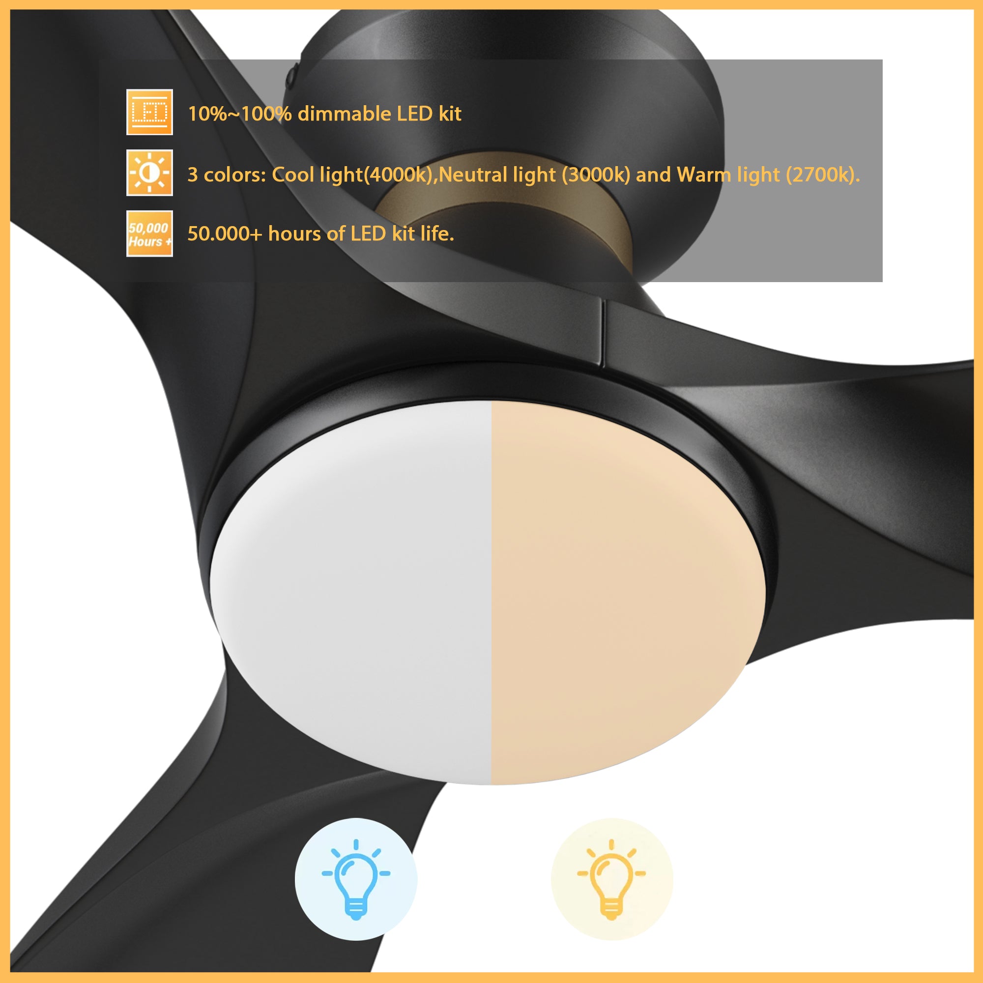 The Kore 52" flush mount smart ceiling fan includes integrated LED light kit with warm light and cool light, it offers lower energy consumption and a longer life span. 