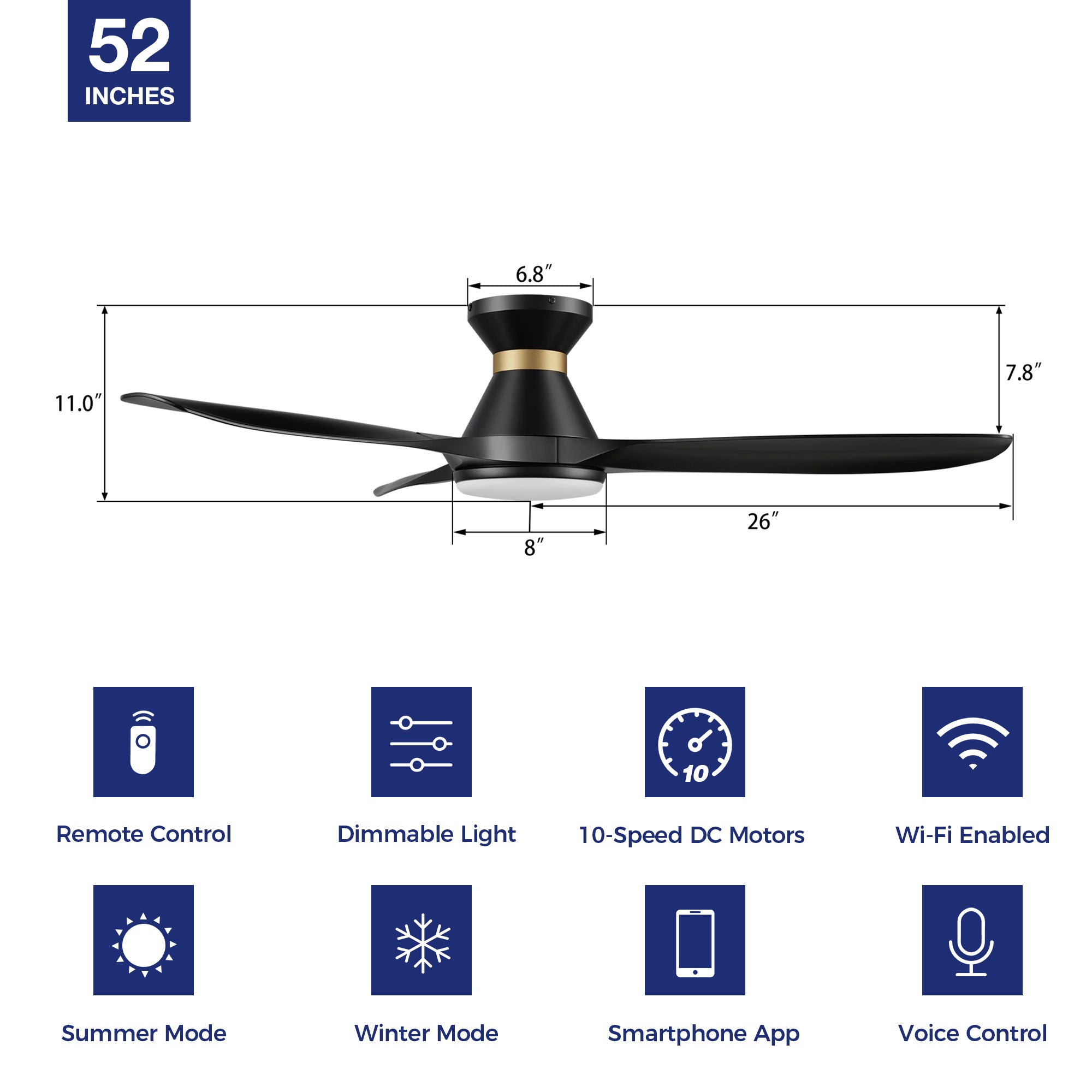 Kore 52&quot; flush mount smart ceiling fan with light specification 