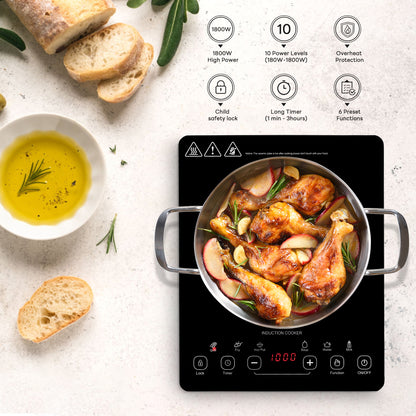 11-portable induction cooktop with 1800W high power, 10 levels adjustable setting, 6 preset functions overheat protection, child lock and more than 3 hours timer setting, lets you enjoy the delicious food.