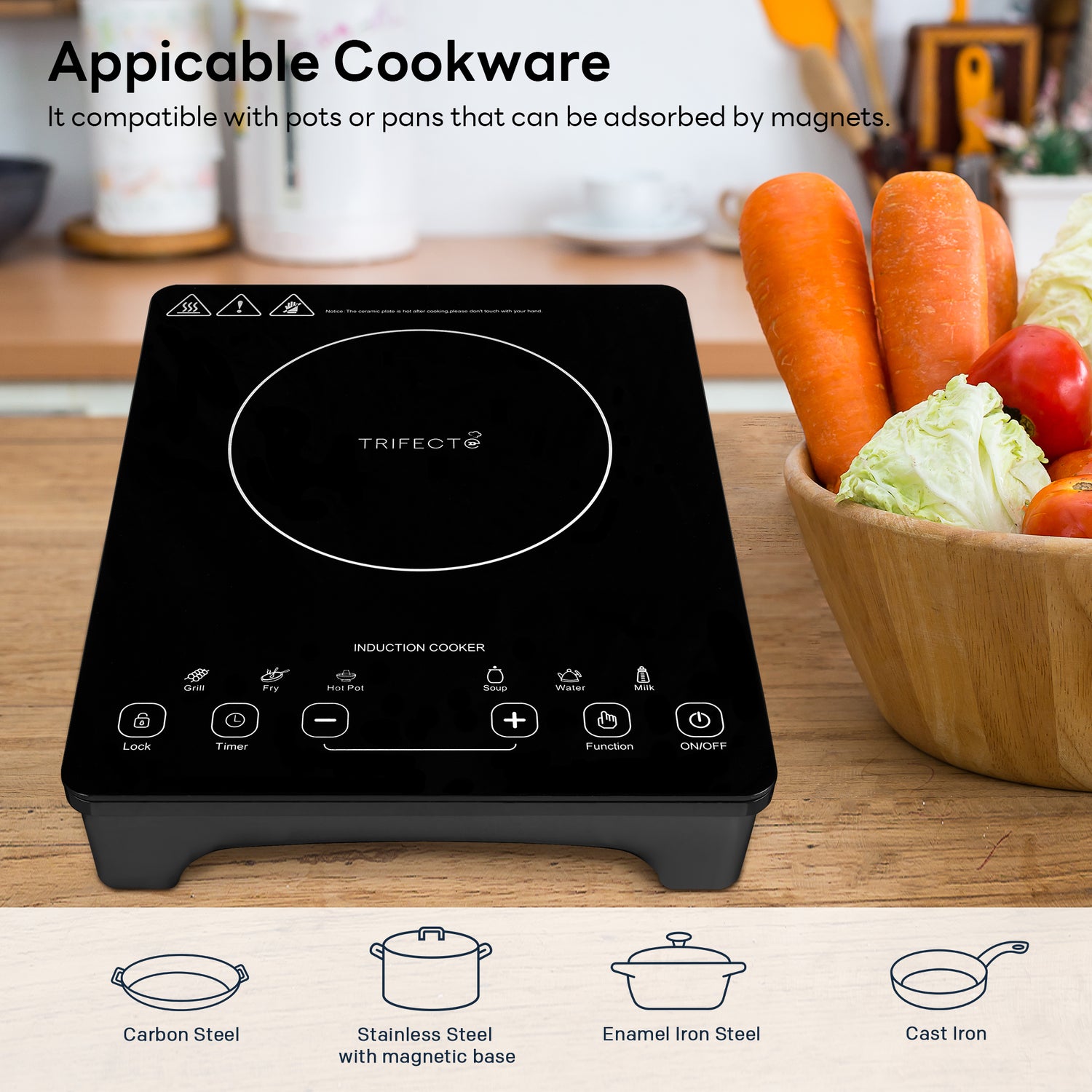 11 portable induction cooktop is suitable for 8inch wide carbon steel, stainless steel with magnetic base, enamel Iron steel, cast Iron