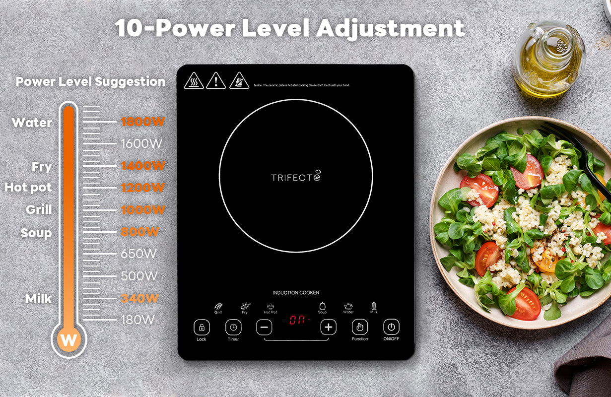 10 power adjustment, 11inch black portable induction cooktop with 6 preset function, water,  Fry, Hot pot, Grill, Soup, Milk