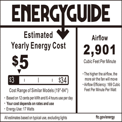 An Energy Guide label for the Lainey 52-inch Flush Mount Ceiling Fan with LED Light and Remote. The label shows an estimated yearly energy cost of $5, compared to a range of $3 to $34 for similar models (19&quot;-84&quot;), based on 12 cents per kWh and 6.4 hours of daily use, with an energy use of 17 watts. The ceiling fan provides an airflow of 2,901 cubic feet per minute (CFM), with an airflow efficiency of 169 CFM per watt, ensuring efficient cooling and air circulation.