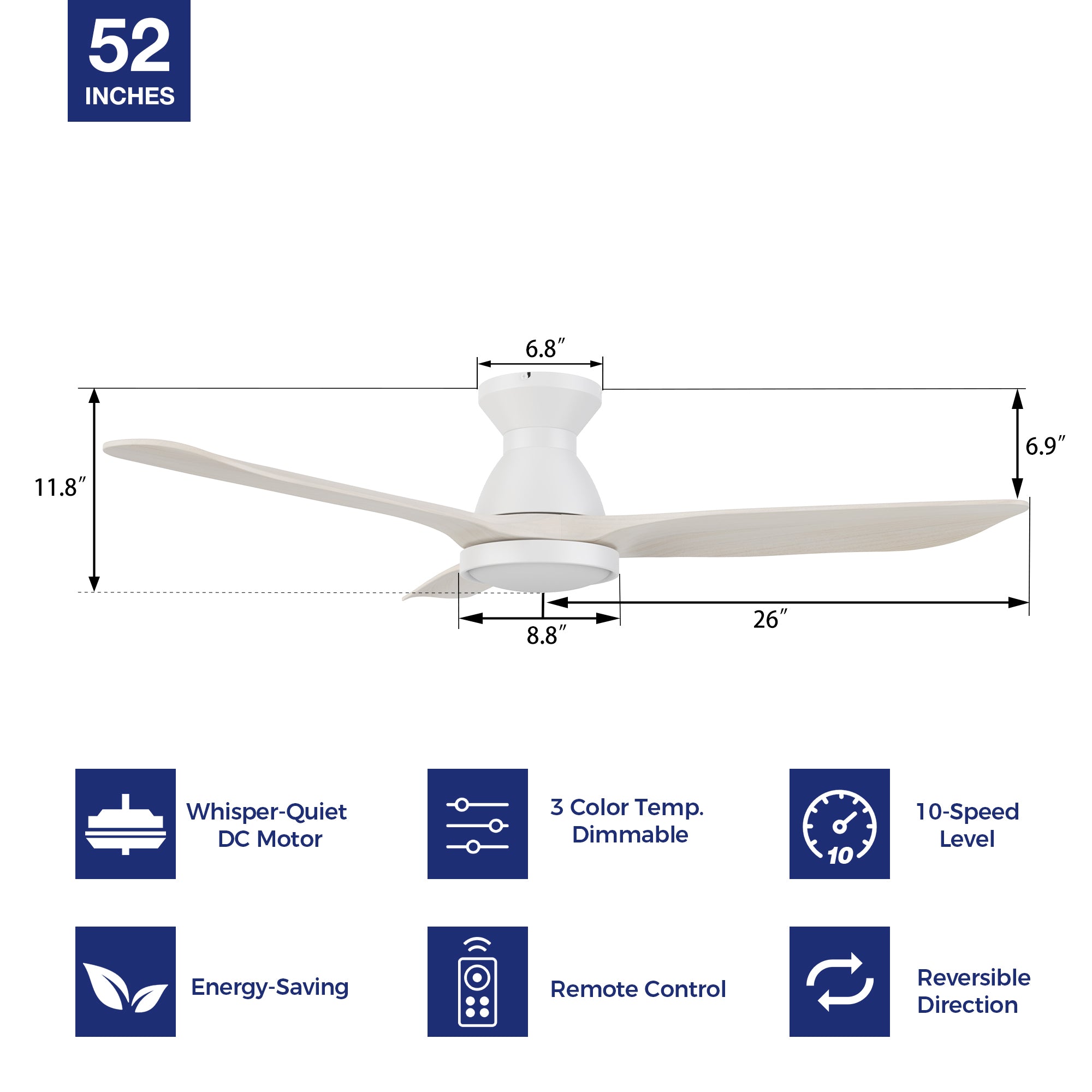 Transform your space with a 52-inch white flush-mounted ceiling fan. Enjoy the convenience of a remote-controlled 10-speed adjustable DC motor, 3-color temperature dimmable light with 1300 lumens, and an impressive 4900 CFM high air volume. Indulge in whisper-quiet cooling thanks to the energy-efficient DC motor. The fan&