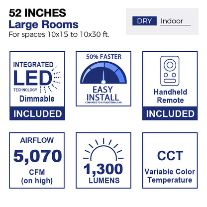 Diagram of a 52-inch ceiling fan designed for large indoor rooms measuring 10x15 to 10x30 feet, specifically for dry environments. The image illustrates a stylized living room layout with furniture, showcasing the fan&