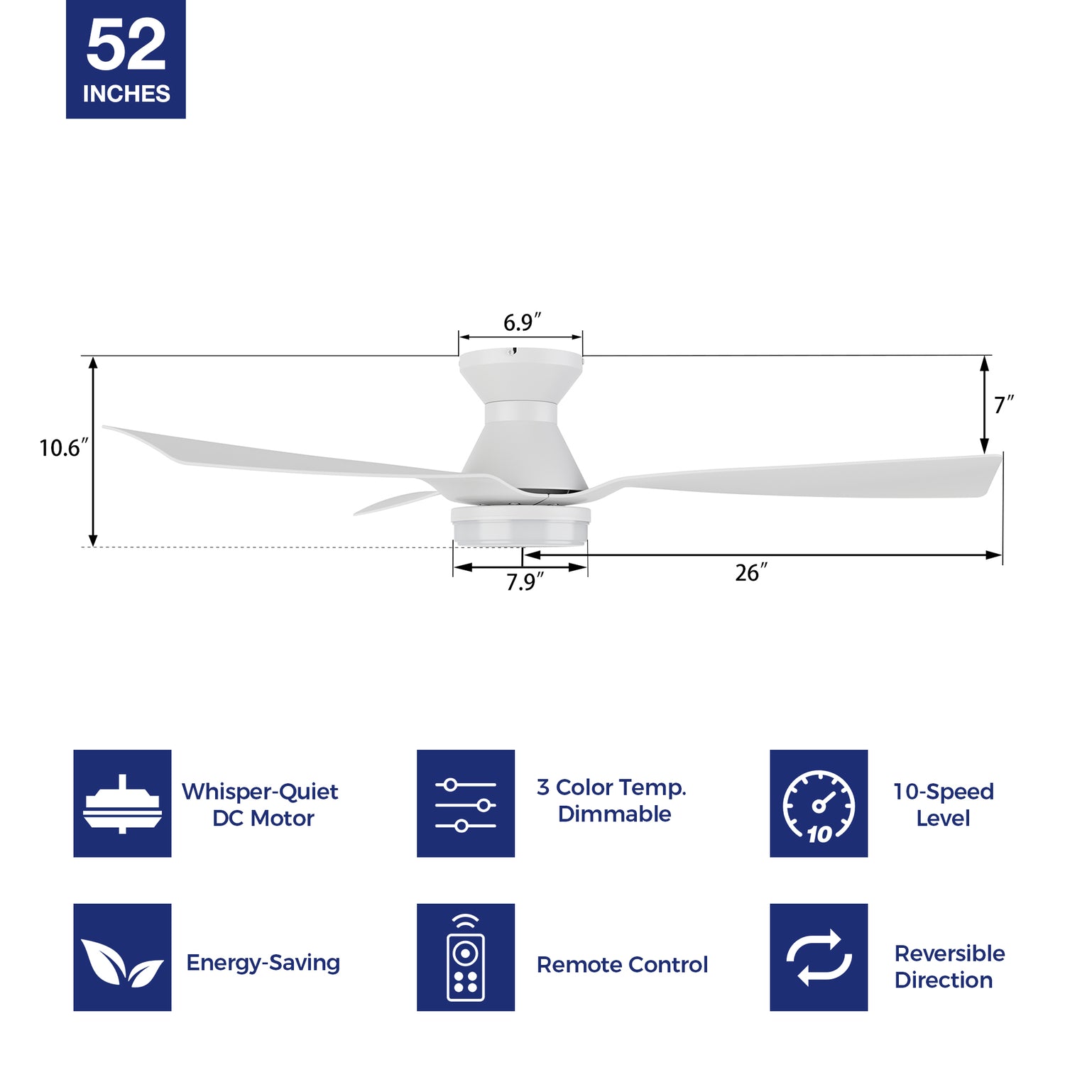 Revamp our space with a 52-inch white low-profile ceiling fan. Experience the ease of a remote-controlled 10-speed adjustable DC motor, 3-color temperature dimmable light, and an impressive 5070 CFM high air volume. Relish in whisper-quiet cooling thanks to the energy-efficient DC motor. The fan&