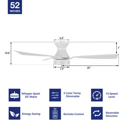 Revamp our space with a 52-inch white low-profile ceiling fan. Experience the ease of a remote-controlled 10-speed adjustable DC motor, 3-color temperature dimmable light, and an impressive 5070 CFM high air volume. Relish in whisper-quiet cooling thanks to the energy-efficient DC motor. The fan&