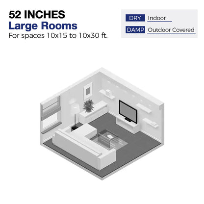 Diagram of a 52-inch ceiling fan suitable for large rooms measuring 10x15 to 10x30 feet, indicating usage in both indoor dry spaces and outdoor covered damp areas. The image showcases a stylized room layout with furniture, highlighting the fan&