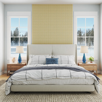 Luxury American Oak Acoustic Slat Wood Wall Panels with Gray Felt installed as a headboard accent in a cozy bedroom. Enhances soundproofing while adding a modern wood aesthetic.