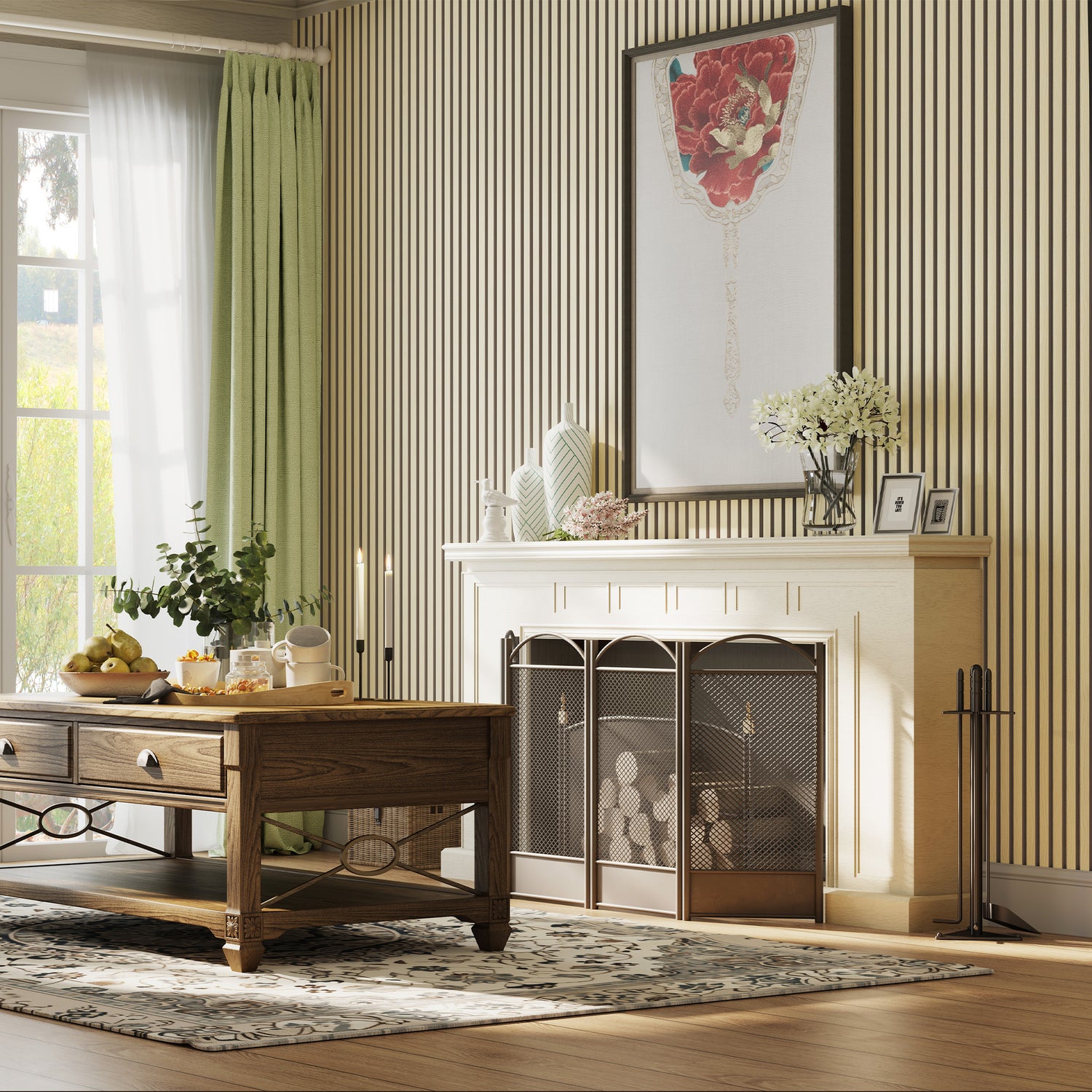 Luxury American Oak Acoustic Slat Wood Wall Panels with Gray Felt used as wall decor around a fireplace. Adds warmth and soundproofing to the living area.