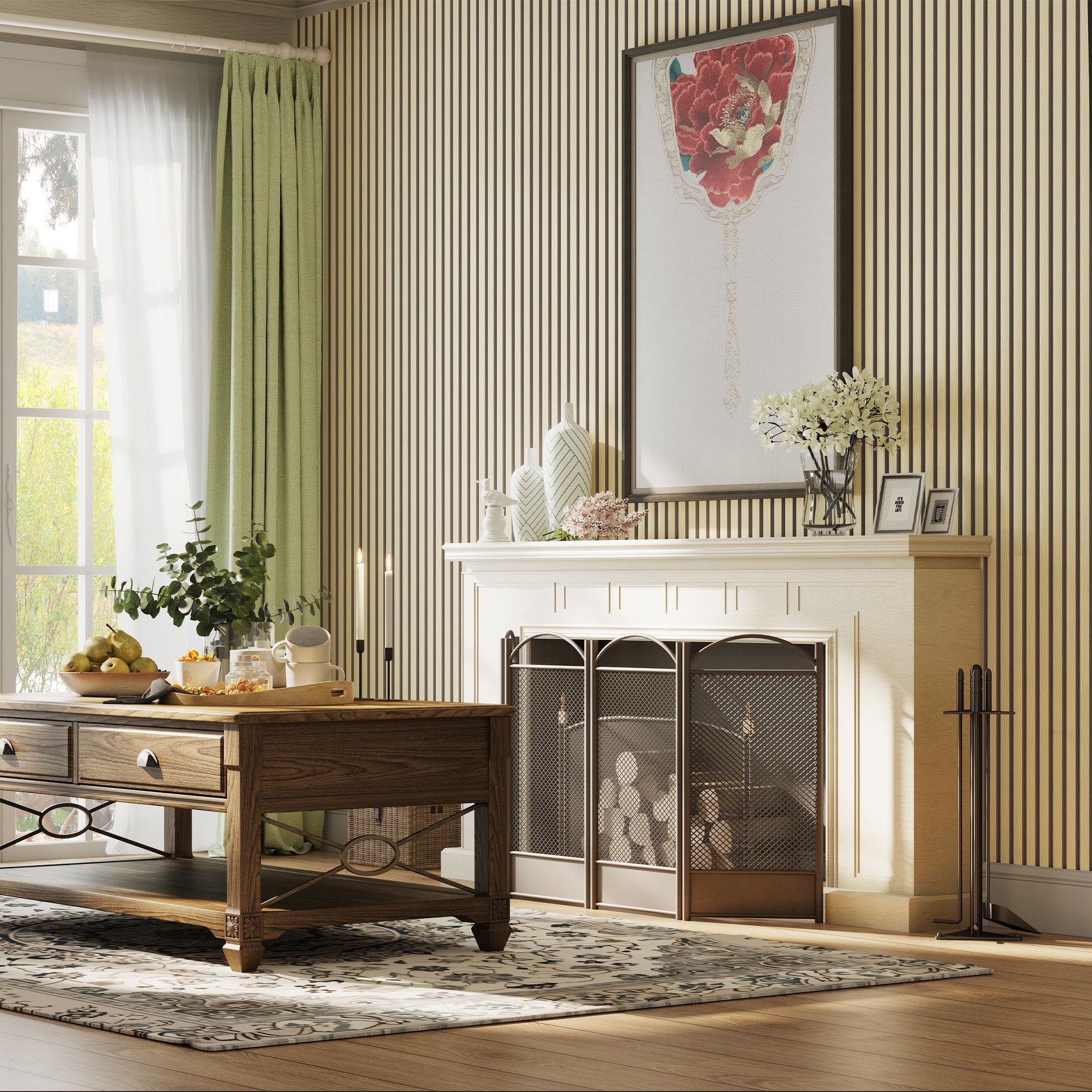 Luxury American Oak Acoustic Slat Wood Wall Panels with Gray Felt used as wall decor around a fireplace. Adds warmth and soundproofing to the living area.