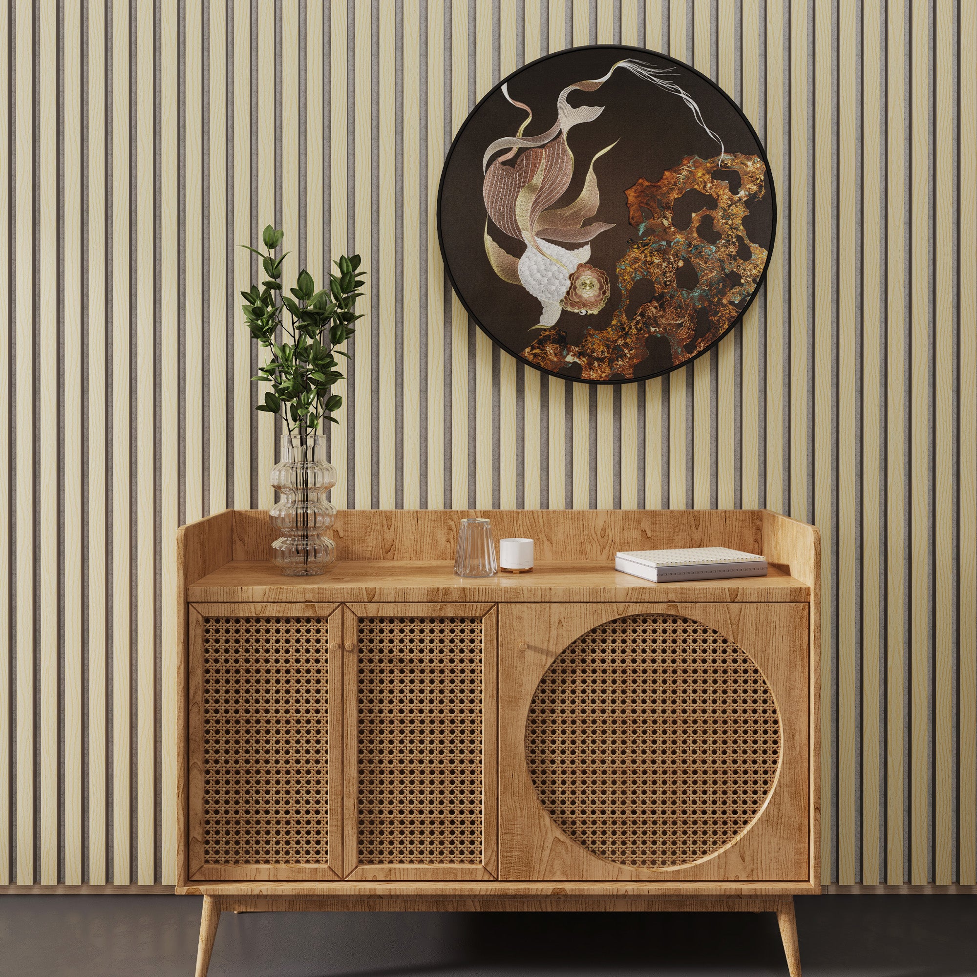 Luxury American Oak Acoustic Slat Wood Wall Panels with Gray Felt backing, installed as a decorative accent behind a wooden side table. Complements the modern decor.