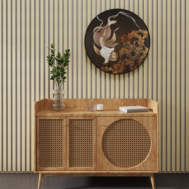 Luxury American Oak Acoustic Slat Wood Wall Panels with Gray Felt backing, installed as a decorative accent behind a wooden side table. Complements the modern decor.