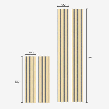 Dimension chart of Luxury American Oak Acoustic Slat Wood Wall Panels with Gray Felt backing, showcasing two panel sizes. Ideal for soundproofing and enhancing room acoustics.