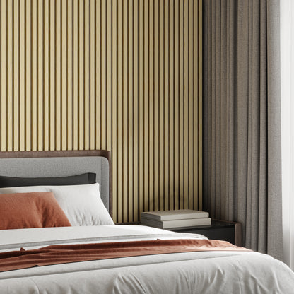 Luxury American Oak Acoustic Slat Wood Wall Panels with Gray Felt in a modern bedroom setup, providing soundproofing and adding natural warmth to the interior design.