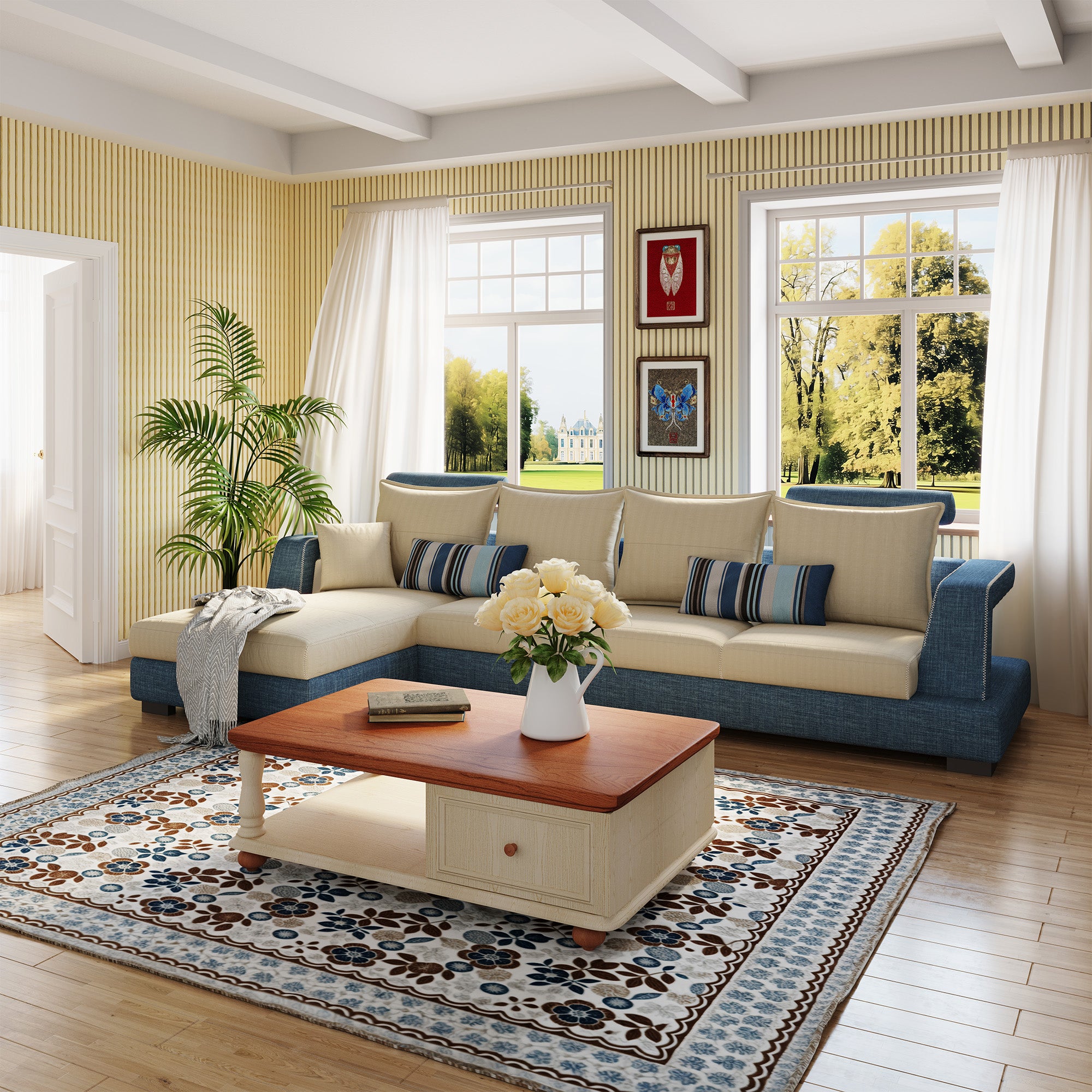 Luxury American Oak Acoustic Slat Wood Wall Panels with Gray Felt in a modern living room, enhancing acoustics and bringing a natural wood texture to the space.