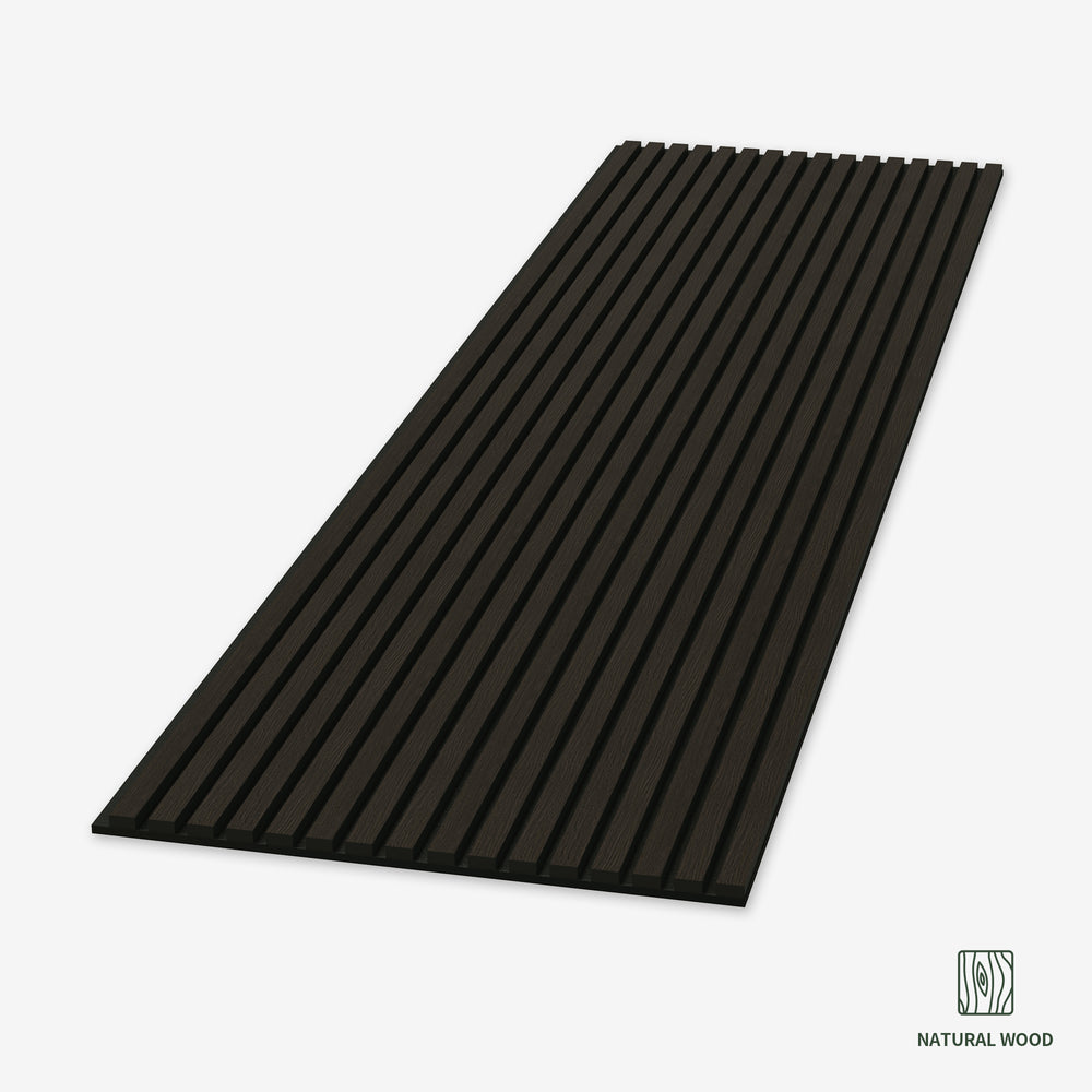 Smoked oak acoustic slat wood wall panel lying flat, showcasing the luxurious dark wood texture and slat spacing.