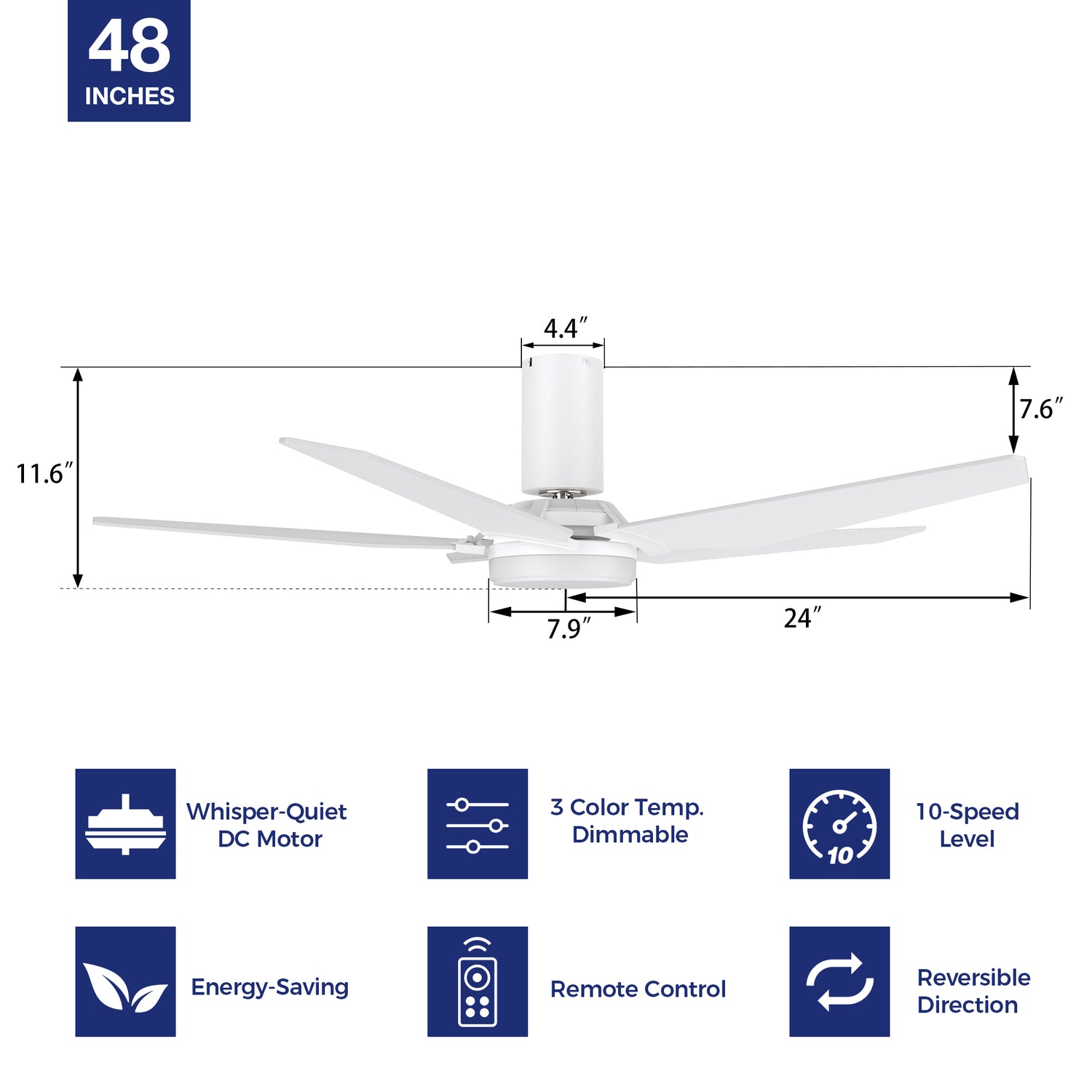 Transform your space with a 48-inch low-profile ceiling fan.  Revel in the convenience of a remote-controlled 10-speed adjustable DC motor, 3-color temperature dimmable light, and efficient 3600 CFM airflow.  Enjoy whisper-quiet cooling in style with the energy-efficient DC motor.  The fan features 5-plywood blades for durability and high-quality performance. 