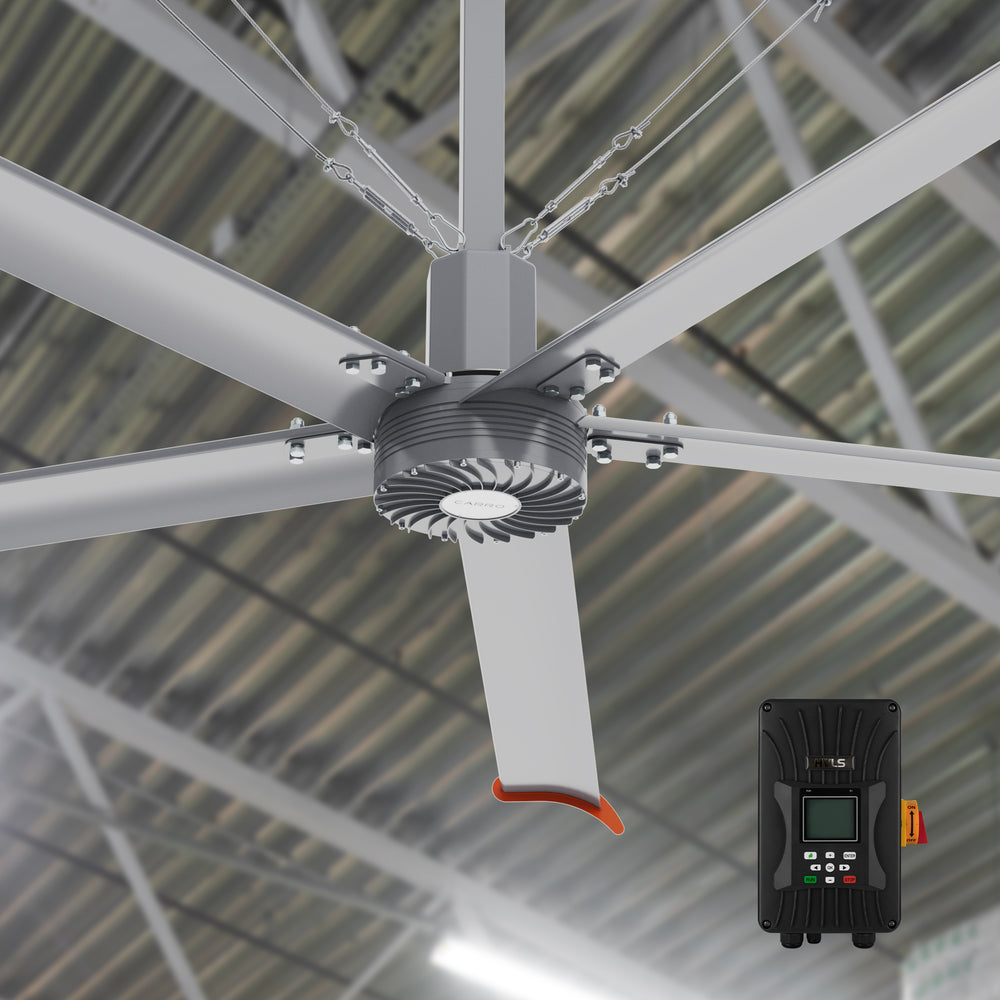 Makani 10ft industrial HVLS ceiling fan equipped with a controller, designed to provide precise air circulation control in large industrial or commercial spaces. 
