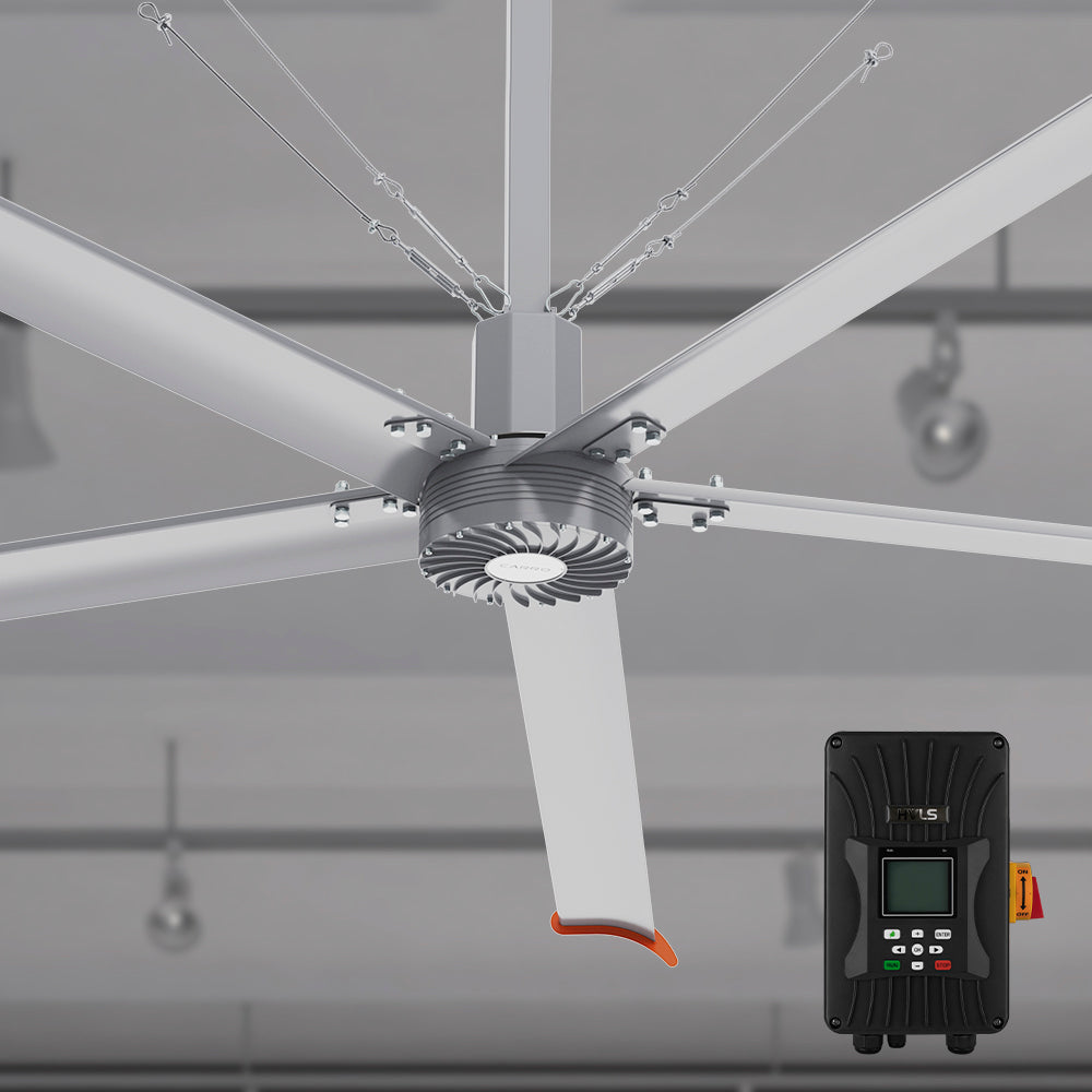Makani 12ft industrial HVLS ceiling fan equipped with a controller, designed to provide precise air circulation control in large industrial or commercial spaces. 