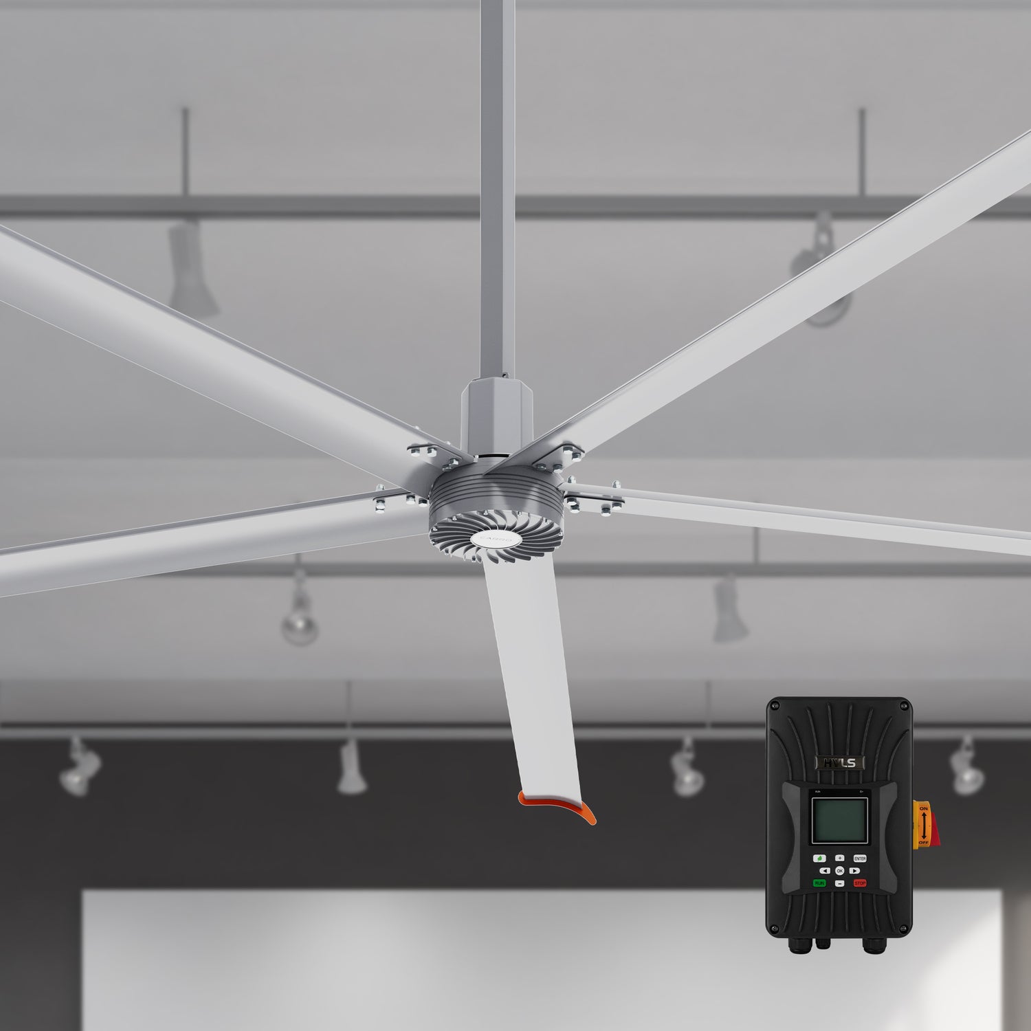 Makani 14ft industrial HVLS ceiling fan equipped with a controller, designed to provide precise air circulation control in large industrial or commercial spaces. 