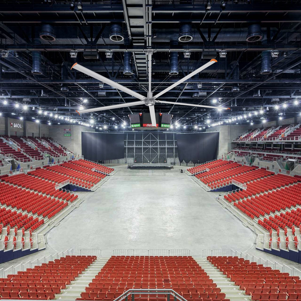 Makani 16ft industrial HVLS ceiling fan in a gymnasium, with 480V power, effectively circulating air to maintain a cool and comfortable environment for indoor sports and activities. 