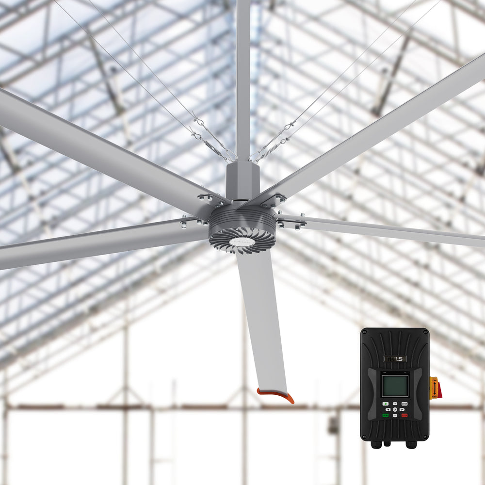 Makani 16ft industrial HVLS ceiling fan, featuring a controller, designed to optimize air circulation in large commercial or industrial spaces with precise control over fan speed and performance. 