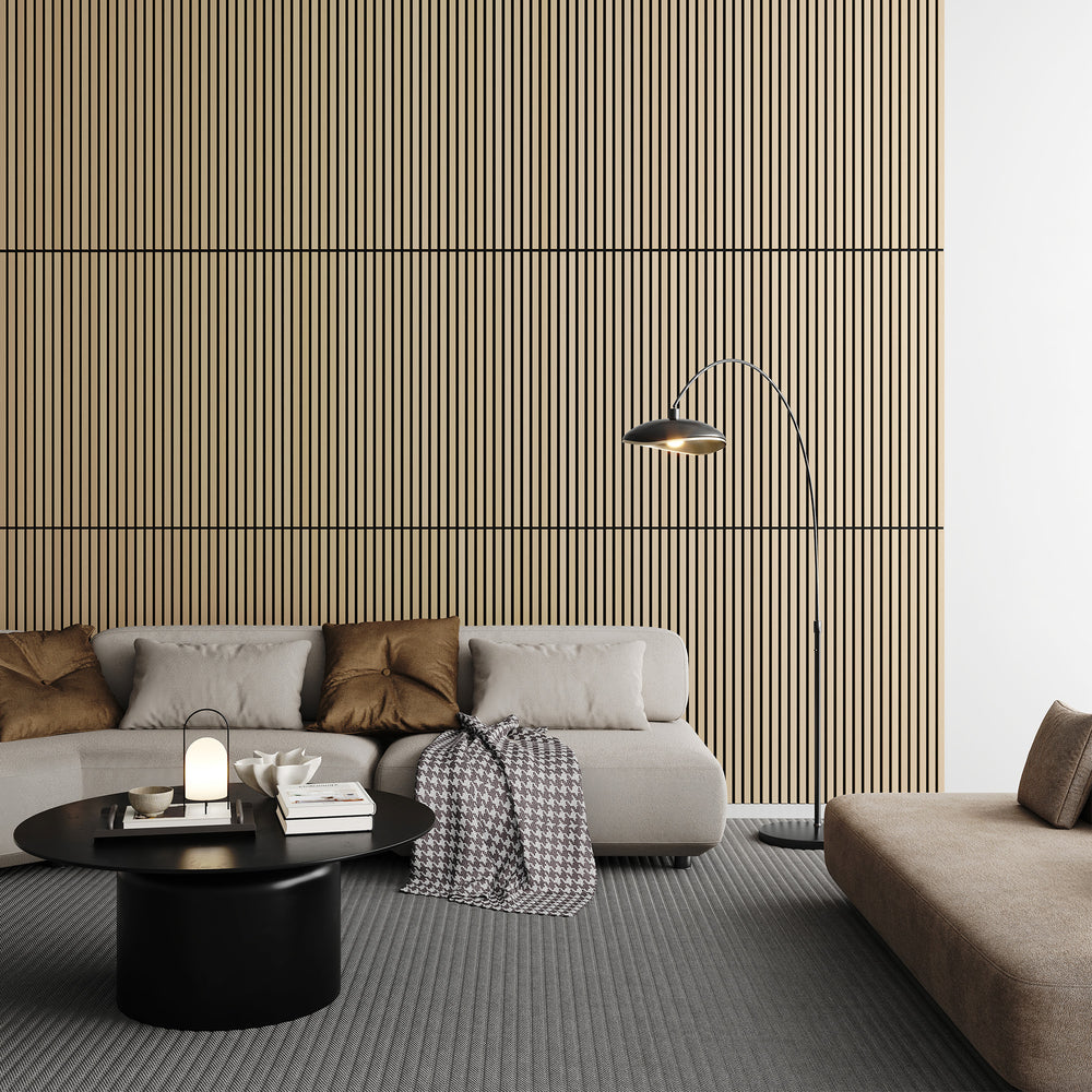 Natural oak soundproof slat wood wall panels used as interior wall decor, enhancing the modern aesthetic of a living room with neutral tones and sleek furniture.