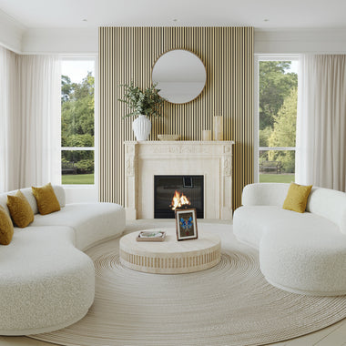 Natural oak Acoustic slat wood wall panels designed for a living room, creating a warm and elegant accent wall while providing acoustic noise reduction.