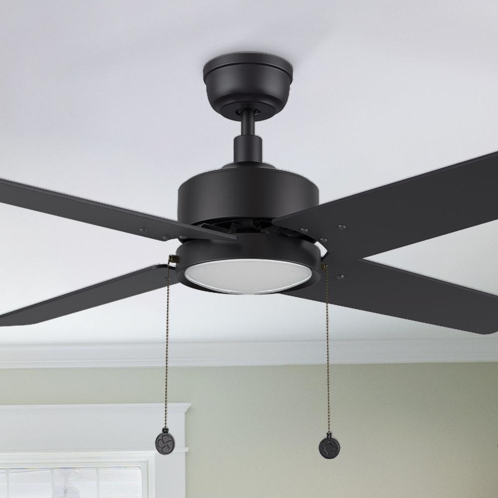 Nazzano 52-inch quiet DC motor ceiling fan with LED light, mounted on a neutral-toned ceiling, showcasing its minimalist design and quiet operation. 