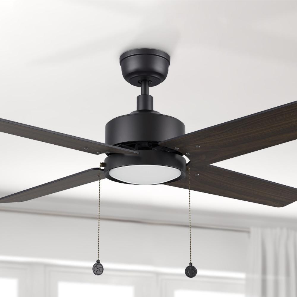 Nazzano 52-inch black ceiling fan with LED light in dark wood finish installed in a large room. 