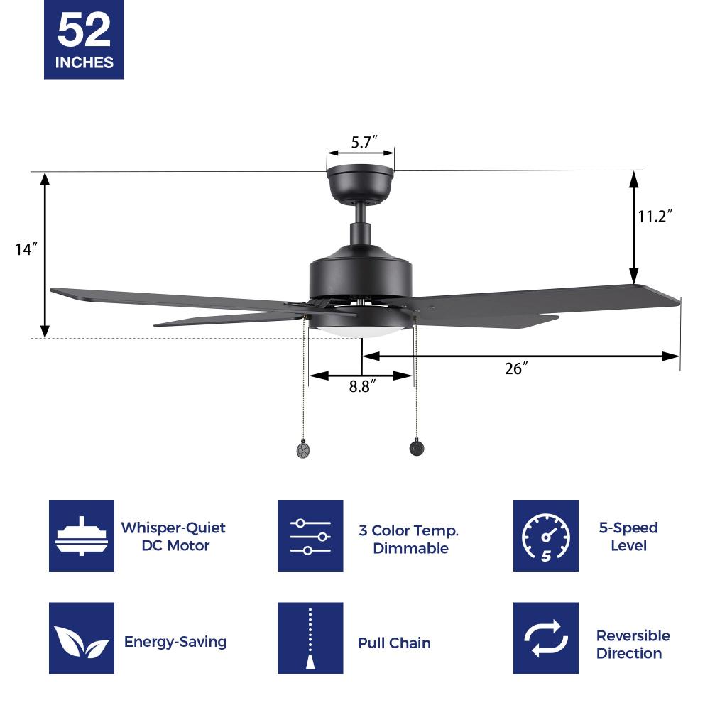 Technical diagram of the Nazzano 52-inch ceiling fan, detailing its features, including the DC motor, energy-saving options, 5-speed levels, and pull chain controls. 