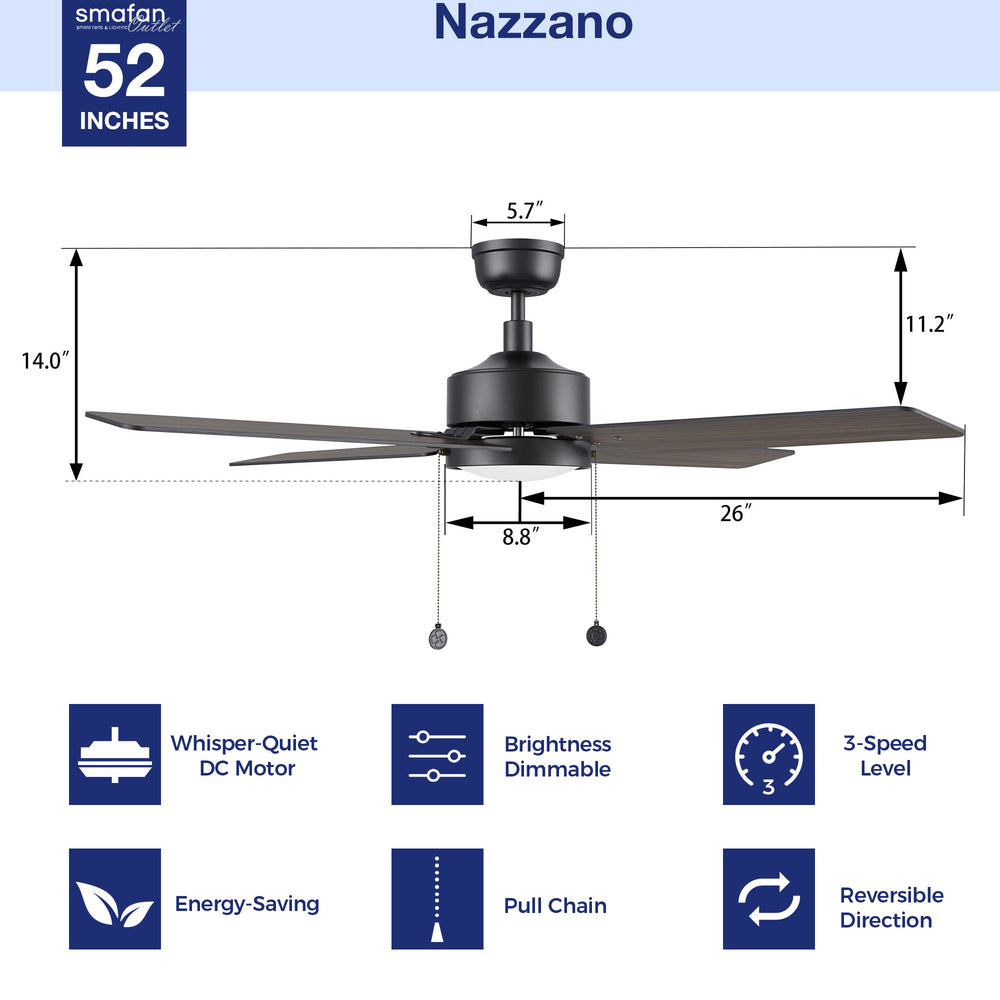 Technical diagram of the Nazzano 52-inch ceiling fan with light, detailing its features, including the DC motor, energy-saving options, 5-speed levels, and pull chain controls. 