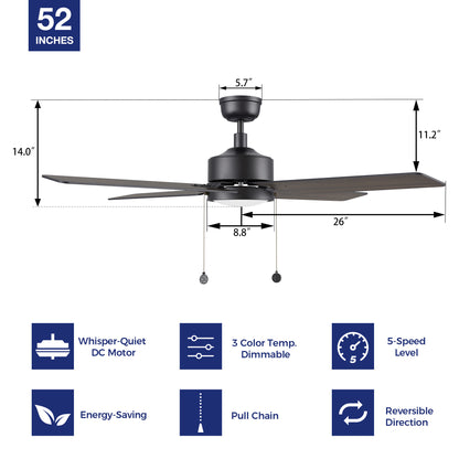 Technical diagram of the Nazzano 52-inch ceiling fan with light, detailing its features, including the DC motor, energy-saving options, 5-speed levels, and pull chain controls. 