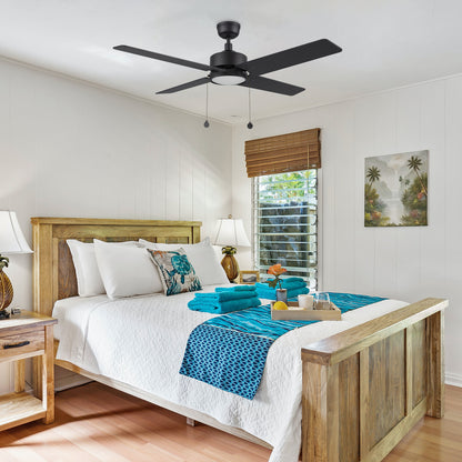 The Nazzano 52-inch quiet DC motor ceiling fan with LED light installed in a modern bedroom, enhancing the room&