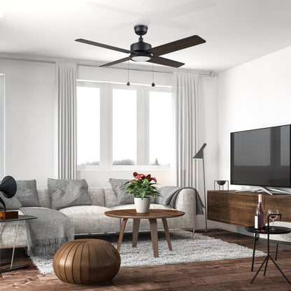 Nazzano 52-inch ceiling fan with LED light in dark wood finish installed in a modern living room with grey cotton linen sofa, wooden furniture and wooden floors. 